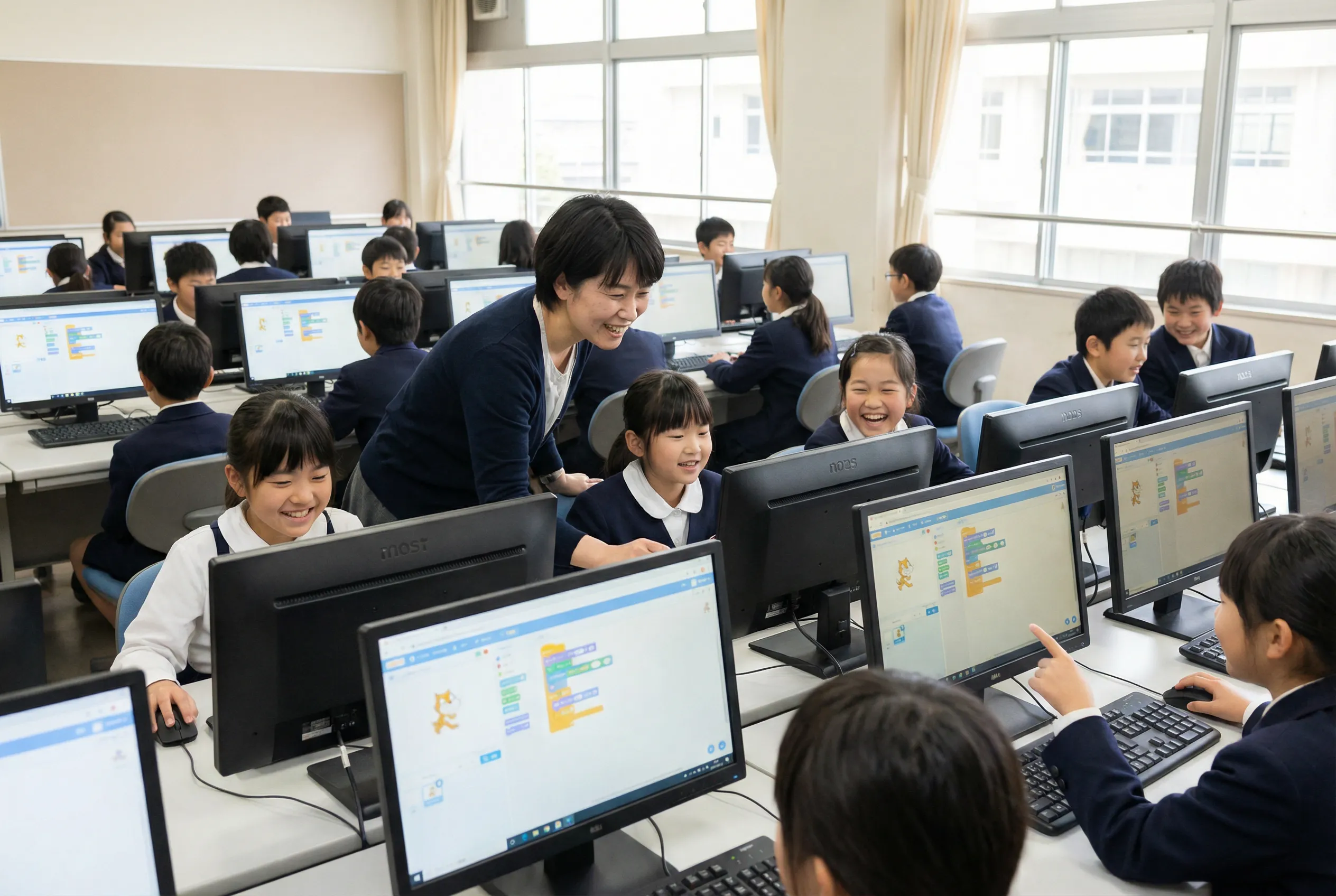 プログラミングの授業を受けている小学生