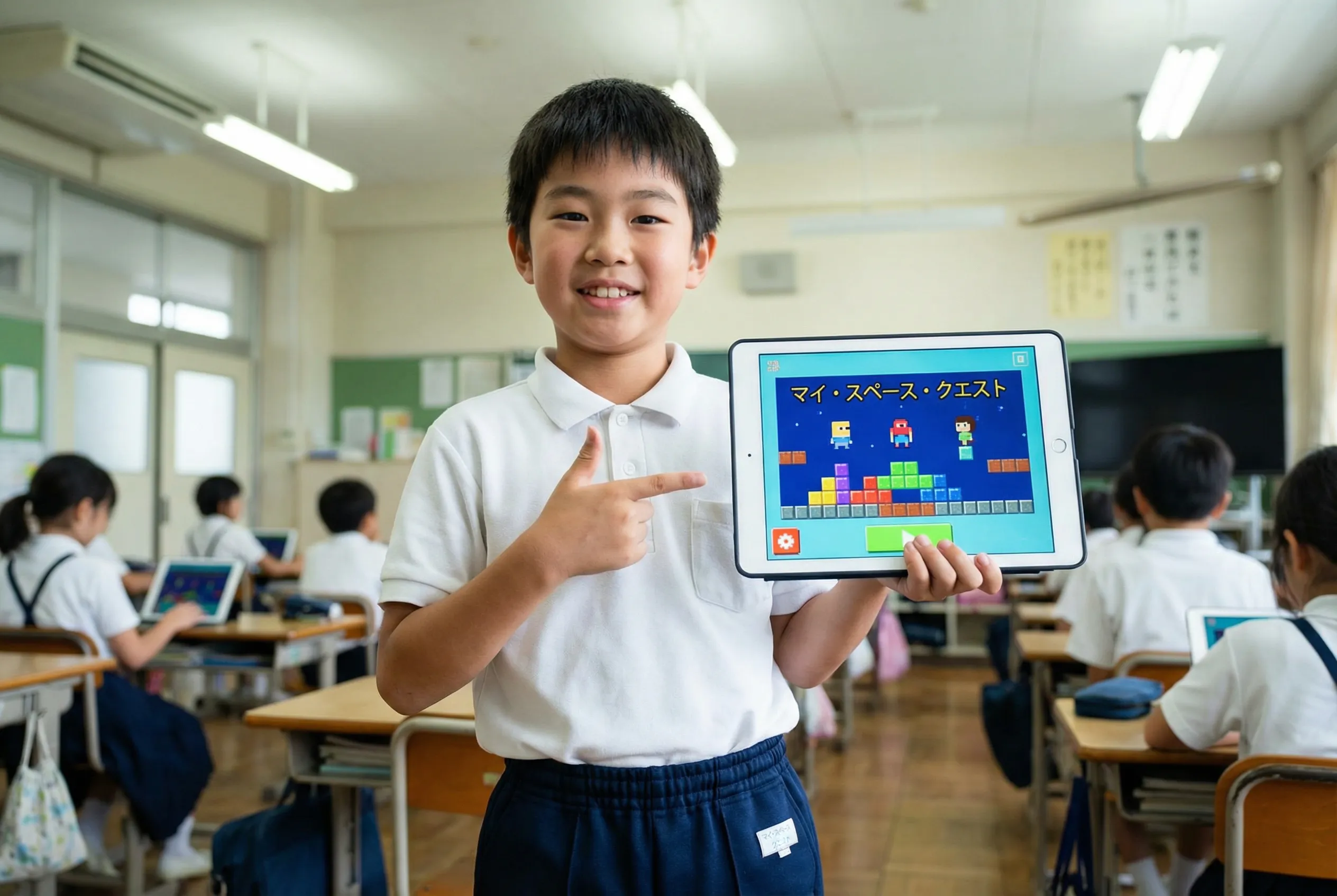 プログラミングで作成した作品を見せている小学生