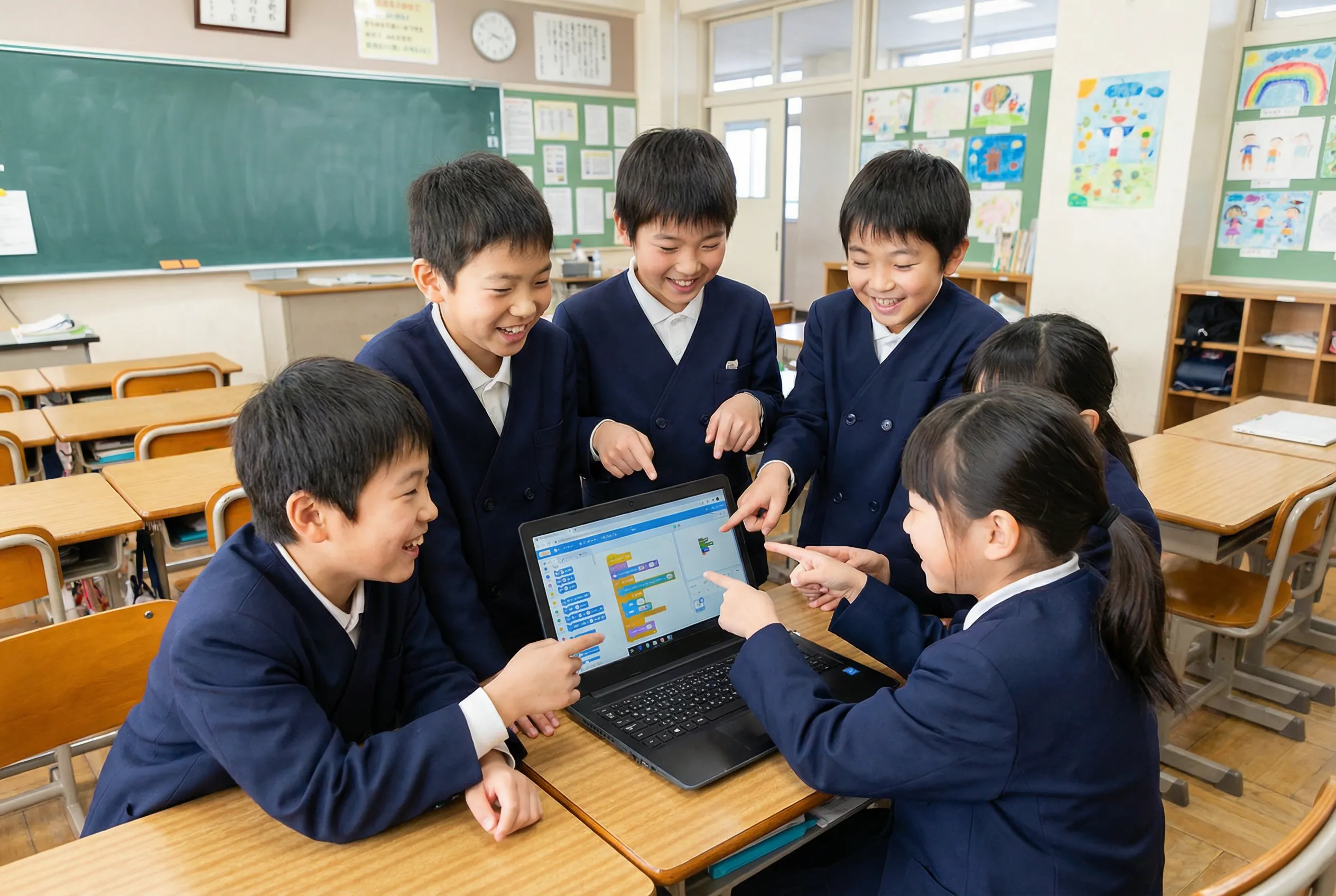 プログラミングを楽しんでいる小学生達