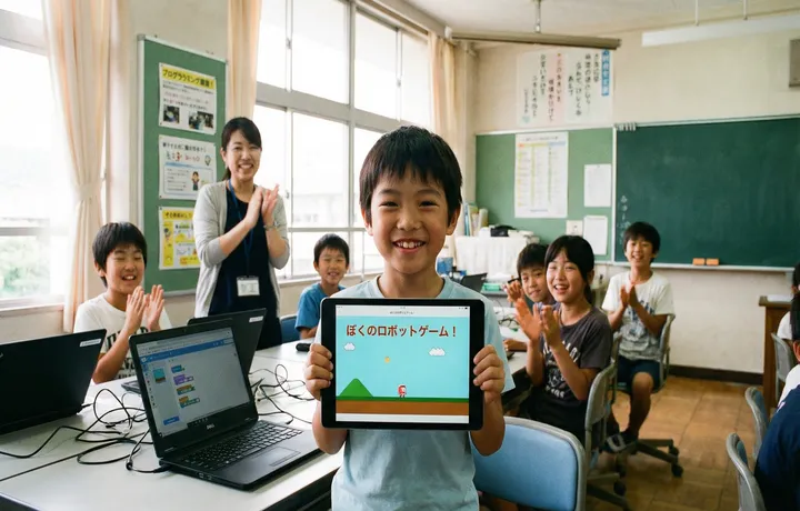 作品を紹介する小学生